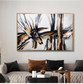 Resim Yağlı Boya Dokulu Tablo Siyah Beyaz Kahve Soyut Altın Çerçeveli U08013-179024 