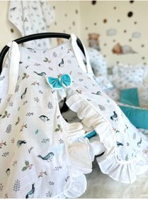 Resim Puset Ortusu/bebek Arabasi Ortusu %100 Pamuk Beyaz Kus Desenli Firfirli 