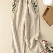 Resim Kadınlar İçin Vintage Çiçek Desenli Bej Pantolon, Katlanmış Etekli Esnek Olmayan Viskon Pantolon - Günlük ve Özel Günler İçin Makinede Yıkanabilir Bol Kesim Harem Pantolonu, Yüksek Bel, Nefes Alabilen Kumaş, Elastik Bel Bandı, Boho Tarzı İlkbahar Modası 