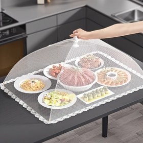 Resim Katlanabilir, yıkanabilir ve böcek geçirmez büyük açılır gıda örtüsü çadırı - açık hava piknikleri, mangal partileri ve buluşmalar için uygun | Dantel kenarlı şeffaf tasarım | Taşınabilir kahvaltı düzeni ve yemek sığınağı, yıkanabilir kumaş 