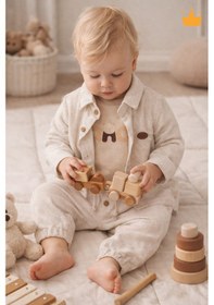 Resim Babyhola Bayramlık Erkek Bebek Üçlü Takım Panda Baskılı Müslin Kumaş Mevsimlik Set 2201 Bej 