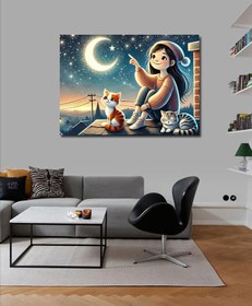 Resim Tablo Mega Kanvas Tablo Ayışığı Ve Kedili Kız YTCNVS502534, 70 x 100 