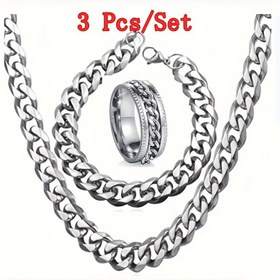 Resim 3'lü Set Erkek Punk Hip-Hop Paslanmaz Çelik Takı, Küba Zincirli Moda Aksesuarlar - Yüzük, Bileklik ve Kolye 