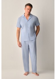 Resim Suwen Walker Erkek Pamuklu Gömlek Yaka Erkek Pijama Takımı Sh26711660b1075 Mavi Çizgili 