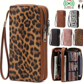Resim Vintage Leopar Desenli Kadın Çift Fermuarlı Büyük Kapasiteli Cüzdan, Moda El Çantası Polyester Astarlı, RFID Engelleme, Çok Fonksiyonlu Kredi Kartı Tutucu, Kadın Çantası Bilek Askılı, Partiler, Alışveriş, Seyahat vb. için Uygun, Doğum Günü Hediyesi, Sevgililer Günü Hediyesi 