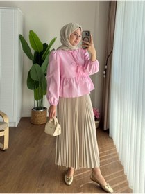 Resim RFK Butik Kadın Etek Üstü Önü Bağcıklı Balon Kol Kısa Tesettür Gömlek - Pembe 
