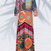 Resim Kadın Tropikal Desenli Uzun Kollu Bol Kesimli Maksi Elbise - Polyester, V Yaka, Üç Çeyrek Kol, Dört Mevsim, Çadır Silüeti, Kemersiz, Göğüs Pedi Yok, Dokuma Kumaş, 250g/m² 