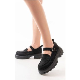 Resim Siyah Süet Kadın Günlük Yüksek Tabanlı Loafer Ayakkabı Siyah 