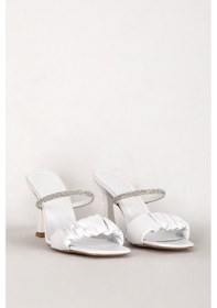 Resim Dericlub 7716 Gerçek Deri Kadın Taşlı Topuklu Terlik Beyaz 