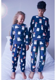 Resim Unisex Çocuk Yeni Sezon Pamuklu Mavi Renk Eğlenceli Penguenler Baskılıpaça Lastikli Pijama Takımı Mavi Penguen Mavi 