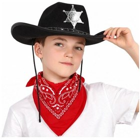 Resim Techmrt Çocuk Kovboy Şapka Rozetli Siyah &amp Kırmızı Bandana Seti 