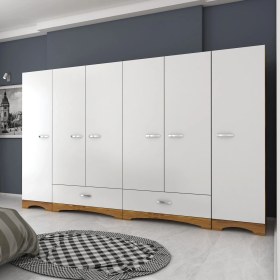 Resim Rani F4 Geniş Gardırop Elbise Dolabı 6 Kapaklı 2 Çekmeceli 12 Raflı 2 Askılı Tek Modül Minyatür Ceviz - Beyaz 