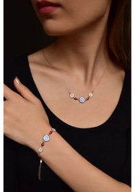 Resim Papatya Silver 925 Ayar Gümüş Rose Kaplama Papatya Uğur Böceği Nazar Kolye ve Bileklik Set 