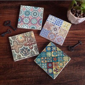Resim Etnik Desen Taş Bardak Altlığı Seti - 4 Parça - Dekoratif, Rustik Mutfak Aksesuarı, 10x10 cm, Kaydırmaz Tabanlı, Şık ve Dayanıklı SC111 