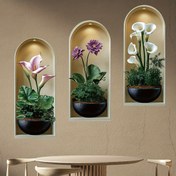 Resim 3 adet Gerçekçi Etkili Kemerli Duvar Deliği Siyah Çiçek Saksısı ve Hibiskus Lili Çiçek Duvar Stickerı Modern Minimalist Dekoratif Sticker Kendinden Yapışkanlı Yeniden Kullanılabilir Oturma Odası Yatak Odası Çalışma Banyo Arka Duvar Dekorasyonu için Uygun 