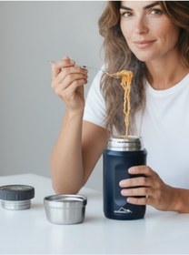 Resim campout Kaşıklı yemek termosu okul iş seyahat kamp çelik mama yemek termos kılıflı askılıklı 316 çelik 600ml 