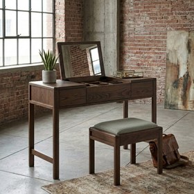 Resim Modesto Makyaj Masası & Puf | Koyu Meşe - Yesil 