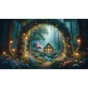 Resim Venspor Masalsı Orman Evi ve Işıklar Temalı Çiçeklerle Bezenmiş Büyüleyici Dekoratif Arkaplan 200 x 150 cm Fon Duvar Örtüsü 