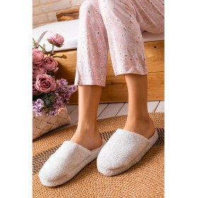 Resim Kadın Ev Terliği Gri Kışlık Ev Ayakkabısı Efektli Yumuşak Sessiz Taban 