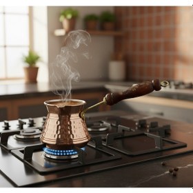 Resim Ludıa İşlemeli Ahşap Saplı El Yapımı Eskitme Bakır Cezve M1 