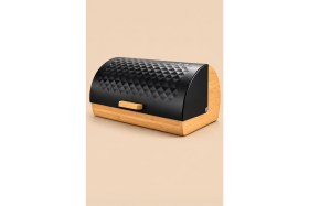 Resim Mis Kitchen Bambu Ekmek Kutusu - Siyah Metal Kapaklı Ekmek Dolabı Roll Top Bread Box 