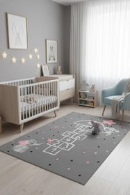Resim Filler ve Seksek Gri Çocuk Oyun Halısı - 60x120cm 