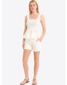 Resim Kadın Krinkıl Viskon Kalın Askılı Gipeli Volan Detaylı Yazlık Bluz Yazlık Ve Rahat Kombin Parçası Beyaz 