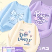 Resim 3 Adet Kız Uzun Kol Tişört, Saf Pamuk Moda Günlük Spor Giyim Sonbahar ve İlkbahar 3, 14 Yaş Çocuğu ile 