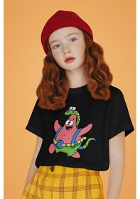 Resim Sevbano Unisex Süngerbob Patrick Baskılı Çizgi Film Çocuk Tişört 1-12 Ya Siyah 