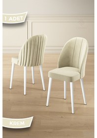 Resim Canisa Mara Serisi 1 Adet Krem Babyface Kumaş Beyaz Metal Ayak Mutfak Sandalyesi Krem Sandalye Beyaz Ayak 