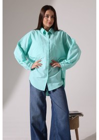 Resim Yeni Sezon Poplin Kumaş Çift Cepli Oversize Pamuklu Kadın Tunik Gömlek Turkuaz 