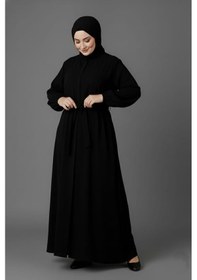 Resim Mismoly Medine İpeği Mevlana Kesim Cepli Kuşaklı Bol Büyük Beden Ferace Siyah 