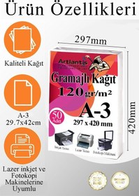 Resim A3 Gramajlı Fotokopi Kağıdı 50 Adet 120 Gr Sertifika Kağıdı Kalın Kağıt Baskı Tüm Yazıcılara Uyumlu 29.7x42cm Ofis Büro 