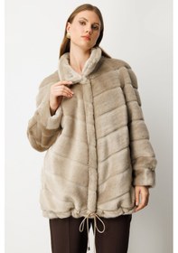 Resim Ekol Kadın Büyük Beden Metal Aksesuarlı Peluş Kaban 6305 Vizon Vizon 