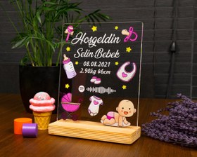 Resim Kişiye Özel Pleksi Şeffaf Çerçeve Hoşgeldin Bebek Doğum Hediyesi / Pembe - Mavi Tasarım Seçeneği - Pembe 