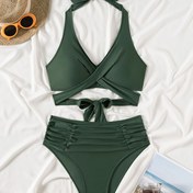Resim Yeşil V-Yaka Bikini Seti, Bağlı Halter Sırtı Açık Boluğlu Esnek 2 Parça Mayo, Kadınların Mayo ve Giyim 