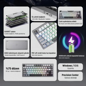 Resim Philips EVNIA SPK8618 Mekanik RGB 81 Tuş USB/Bluetooth/2.4G Kablosuz Oyuncu Klavyesi Mor 