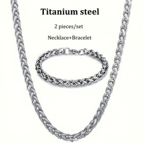 Resim 1 Set Titanyum Çelik Moda Takı, Üniseks Paslanmaz Çelik Kolye ve Bileklik Kombosu, Pırlanta Yok, Sevgililer Günü ve Mardi Gras Günü için İdeal 