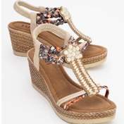 Resim Kindep Park Moda Taşlı Kadın Dolgu Topuklu Sandalet Bej Bej 