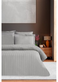 Resim Pierre Cardin Çizgili Saten Nevresim Takımı Çift Kişilik Voyage Gri 