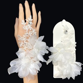Resim Çiçek Desenli Oyma Tasarımlı ve Mücevherli Vurgulara Sahip Şık Gelin Dantel Düğün Eldivenleri, Düğün Elbisesi için Kısa Parmaksız Kanca Stili - Polyester 