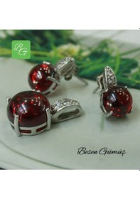Resim Kırmızı Bombeli Taşlı Set Rose Gold - Gümüş 