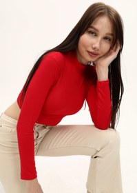 Resim LAENT Kadın Kırmızı Dik Yaka Uzun Kollu Crop Bluz 