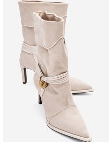 Resim Luvi Shoes Myra Bej Süet Biyeli Tokalı Kadın Topuklu Bot Bej Süet 