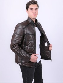Resim New Zaya Leather Erkek Hakiki Deri Şişme Deri Ceket Kahverengi 