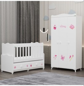 Resim Elegant Beşik Ve Yıldız 3 Kapaklı Dolap - Prenses Beyaz 
