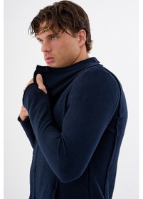 Resim Erkek Regular Fit Asimetrik Ceket Formlu Pamuklu Raw Edge Detaylı Uzun Hırka Lacivert 
