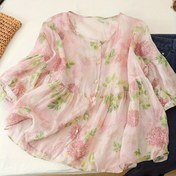 Resim Orman Tarzı Pembe Çiçekli Kadın Yazlık Bol Kesim Yuvarlak Yaka Üç Çeyrek Kollu Hafif Açık Ön Üst 