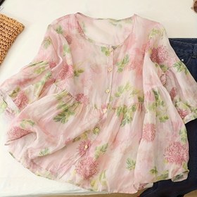 Resim Orman Tarzı Pembe Çiçekli Kadın Yazlık Bol Kesim Yuvarlak Yaka Üç Çeyrek Kollu Hafif Açık Ön Üst 