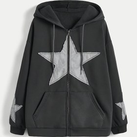 Resim Kadın Oversize Kapüşonlu Sweatshirt, Tam Fermuarlı ve Yıldız Baskılı - Ağır Gramajlı Günlük Kazak, Tüm Sezonluk Günlük Dış Giyim, Makinede Yıkanabilir Fermuarlı Kapüşonlu Kadın Üstü, Kazak Kapüşonlu, Streetwear Moda, Trend Streetwear, Dayanıklı Kumaş, sweatshirt kadın, hoodie kadın 